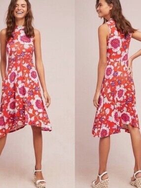 Anthropologie Maeve Red Floral Cleary Fit And Flare Midi Swing Dress Size Small